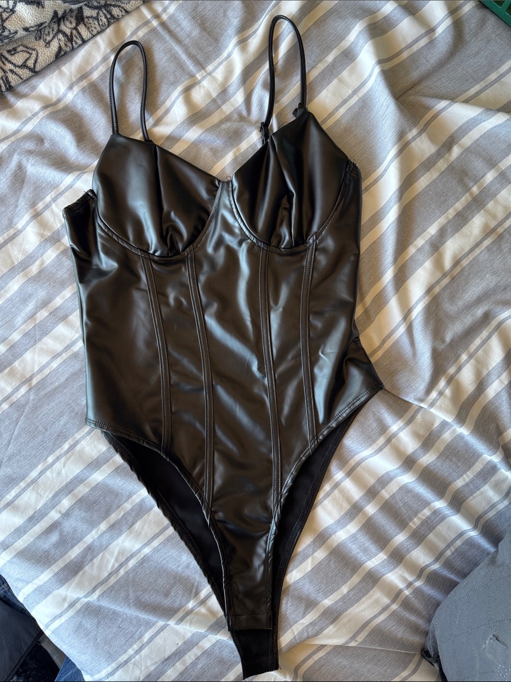 NWOT Black Faux Leather Corset Bodysuit
